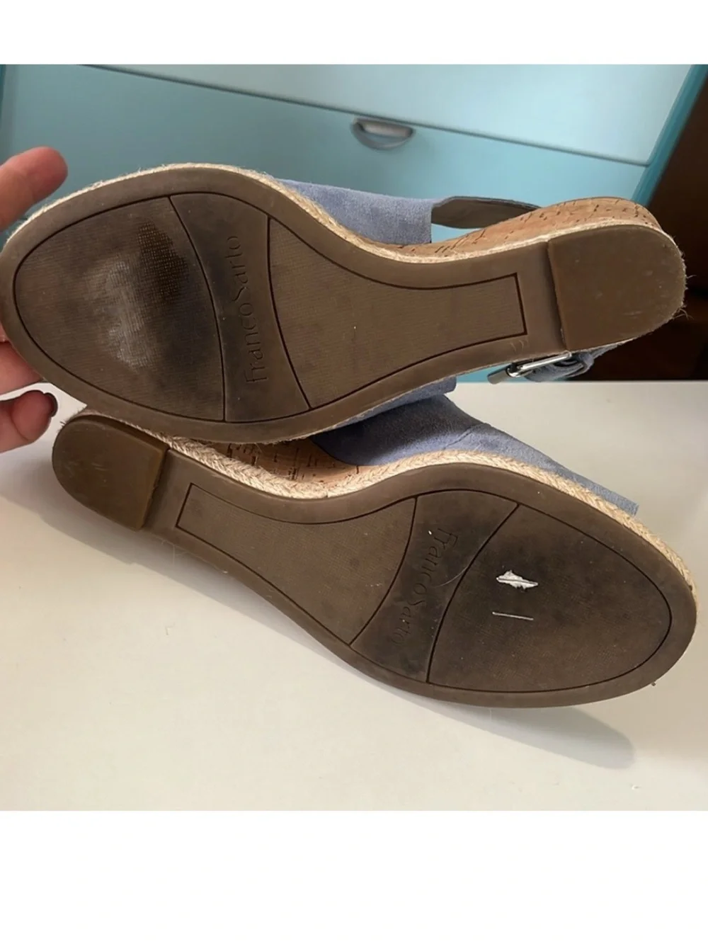 Franco Sarto Julien Women's Light Blue Suede 3” Cork Wedge Sandals size 6.5